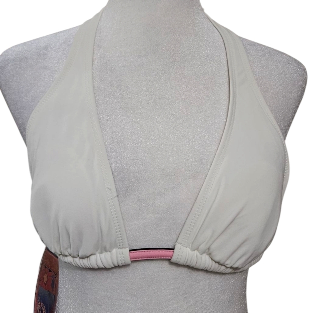 MYSTIC BAY Halter Bikini Top In White W/pink Accent Tie Back. Size XS NWT